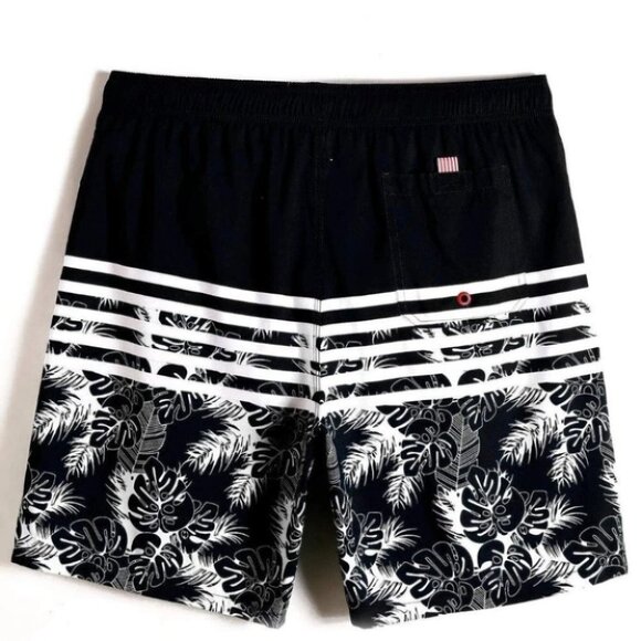 Black Vacation Style Men's Tropical Striped Print Swim Trunks - Picture 2 of 4